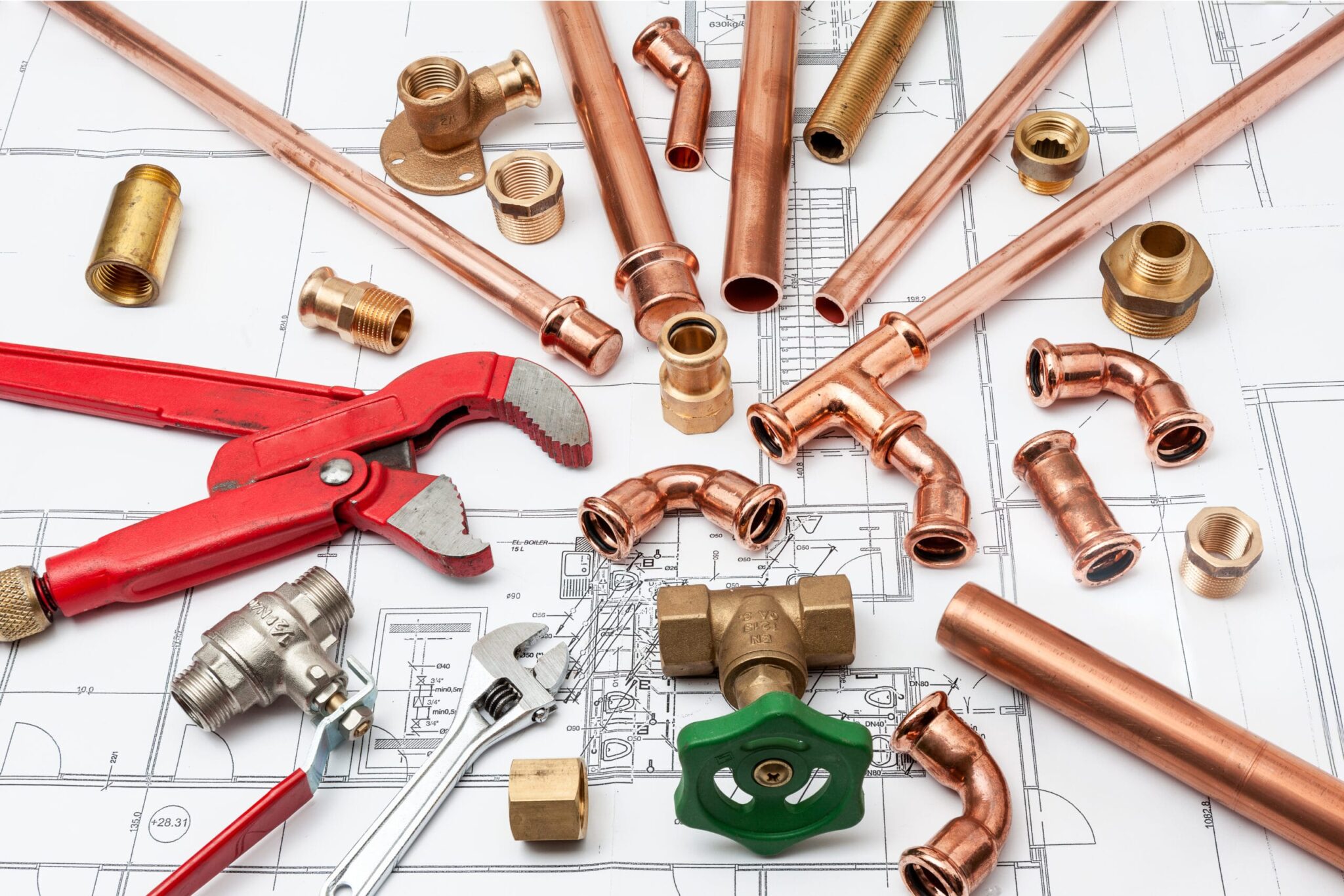 Copper pipes, fittings, valves, and plumbing tools in Mableton