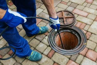Plumber cleaning an outdoor sewer drain in Mableton