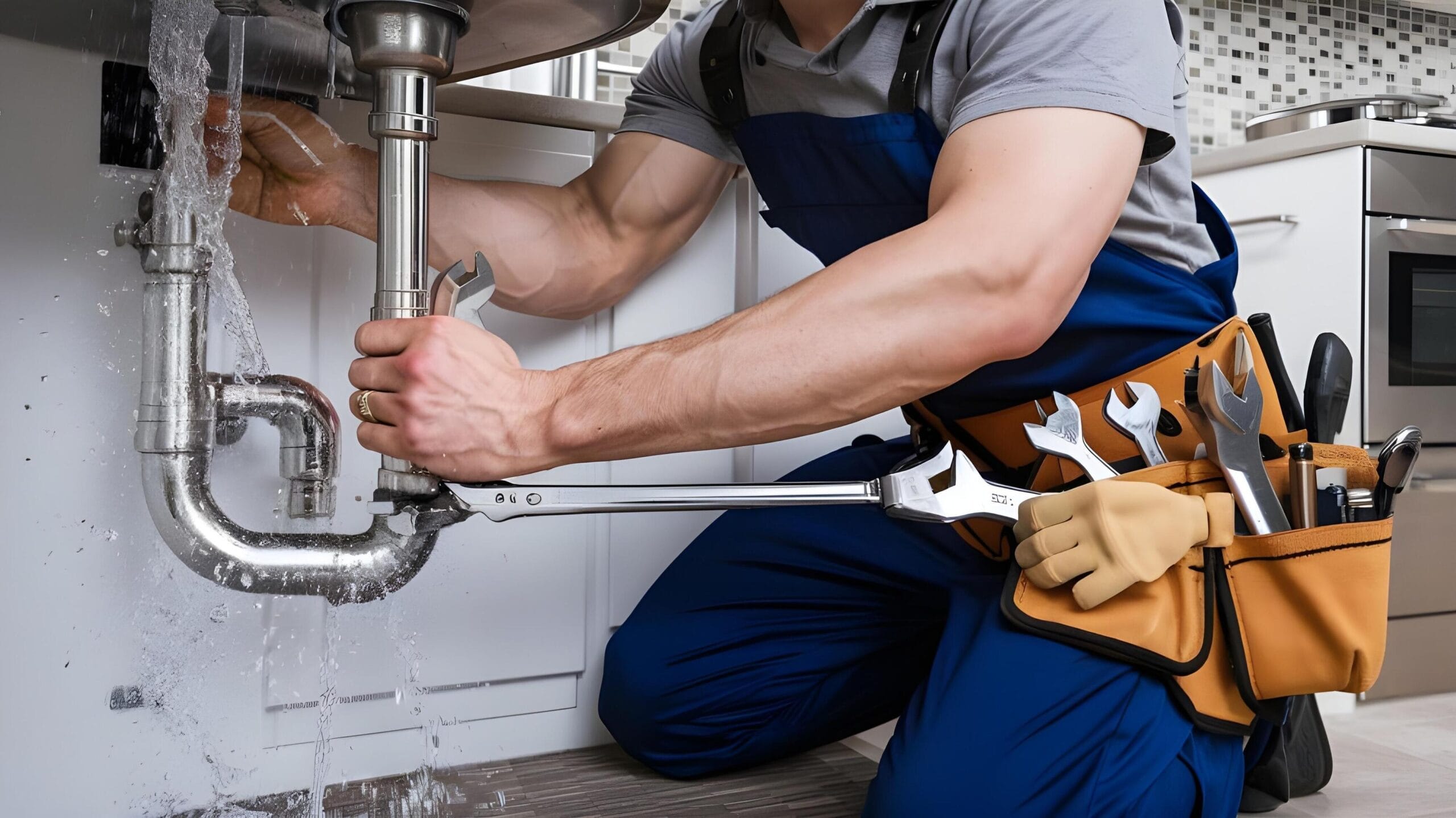 Plumber tightening a residential plumbing pipe in Mableton