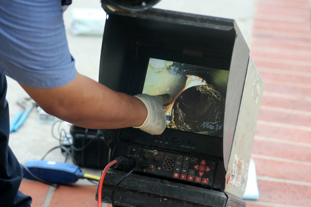 Technician viewing a drain inspection camera in Mableton
